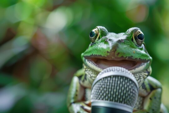 This humorous image depicts a green frog seemingly talking or singing into a microphone, creating a funny and charming woodland scene filled with greenery.