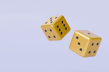 3d Rolling gold dice icon isolated on purple background. White roll cubes for gamble games concept, casino token concept. 3d gold dice cube icon. 3d render.