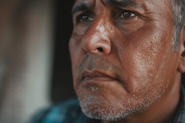 Obraz premium A mature man with visible wrinkles intently gazing off camera, suggesting deep thought and emotional intensity, reflecting his life experiences and contemplative nature.