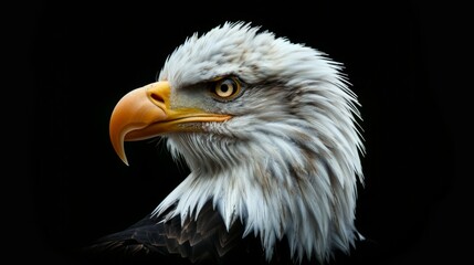 A striking side profile of a bald eagle with an intense gaze set against a black background, highlighting the powerful features of the eagle, symbolizing freedom and strength.