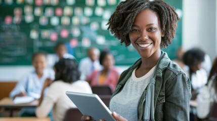 Smiling teacher holding a tablet in a classroom setting filled with attentive students, emphasizing the teacher's commitment to modern and interactive teaching methods.