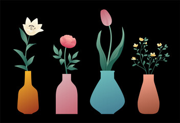 Set of various elegant flowers in vases. Vector minimalistic illustration with gradients on a black background. Peony, tulip, lily, flowering branches.