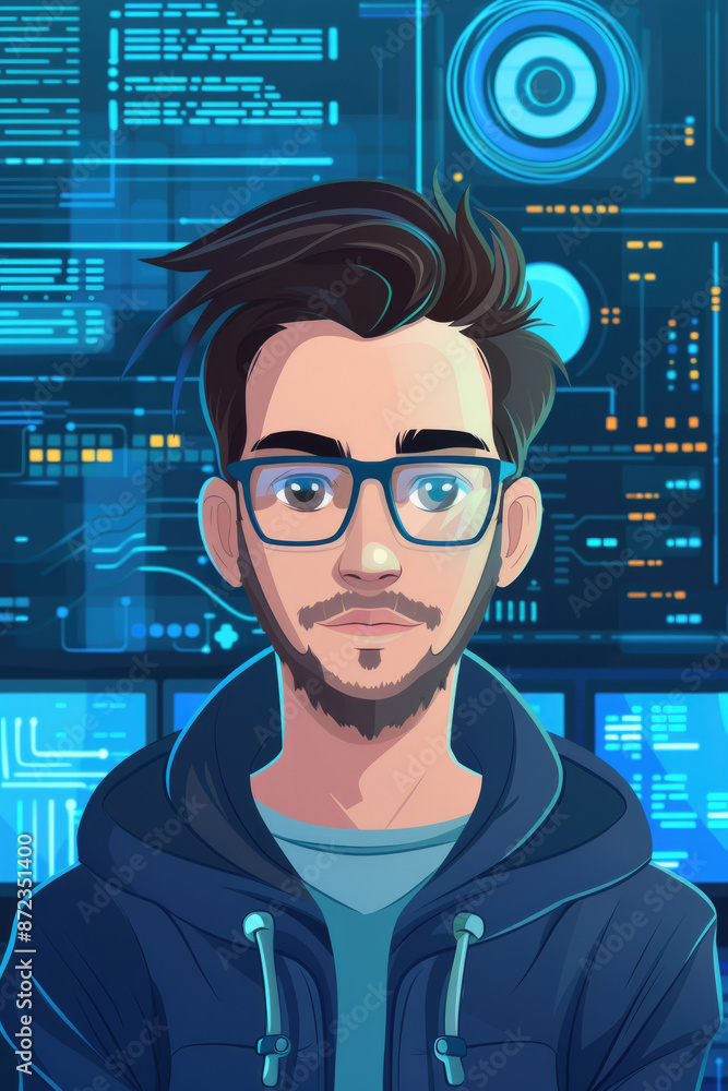 Aufkleber a cartoon depiction of a man with a beard and glasses standing in front of multiple computer screens