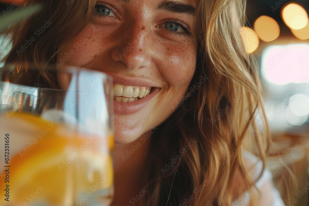 Poster An individual with wavy hair indulging in a refreshing beverage with a lemon slice, set against a backdrop of glowing lights, evoking an aura of relaxation and joy.
