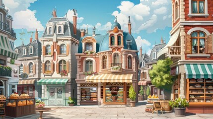 Obraz premium A futuristic city features dessertthemed districts where enchanted pastry shops and magical confectioneries line the streets