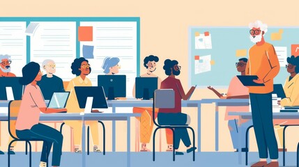 An illustrated classroom scene where diverse students interact and learn with the help of technology, signifying the integration of modern educational methods and inclusivity.