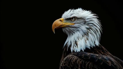 Obraz premium A stunning portrait of a majestic bald eagle, emphasizing its sharp features and fierce expression, set against a solid black background for dramatic effect.