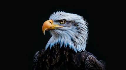 Obraz premium A meticulously detailed close view of a bald eagle set against a dark background, capturing its majestic presence and representing strength and freedom.