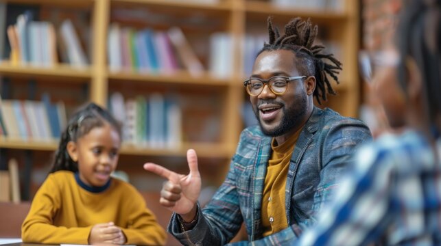 A dedicated teacher engages in a lively discussion with two students in a well-organized classroom, showing effective teaching techniques and student engagement.