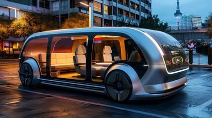 A silver autonomous shuttle drives down a city street at night, showcasing its interior with seats and a table through a large window. Wet streets and buildings in the background.