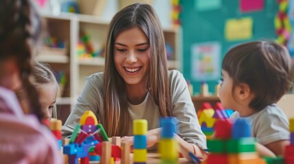A female teacher engages with children who are playing and learning with wooden blocks in a colorful classroom setting, creating an atmosphere of joy and education.