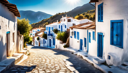 Fototapeta premium Straße Gasse weiß blaue Häuser in einem Bergdorf auf Griechenland griechischer Insel, alte Architektur Fensterläden schönes Gässchen einsam in warmen mediterranen stimmungsvollen Licht des Morgens