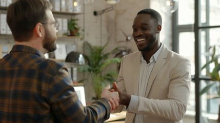 Two men are depicted in a contemporary office setting, engaging in a joyful handshake. The image reflects a successful partnership or conclusion of a business deal.