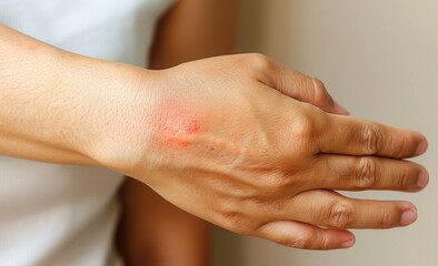 Young asian man itching and scratching on arm from allergic itchy dry skin eczema dermatitis insect bites