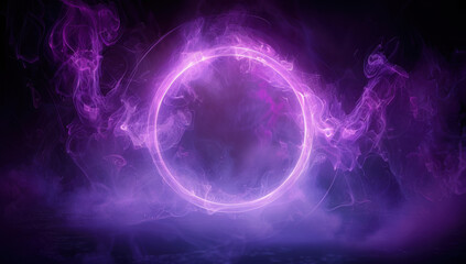 Obraz premium Smoke exploding outward from circular empty center, dramatic smoke or fog effect with purple scary glowing for spooky Halloween background.