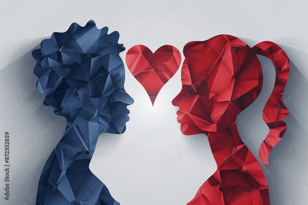 Poster a digital illustration of two profiles in blue and red origami style facing each other with a heart 