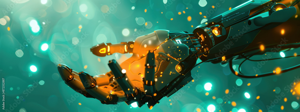Poster close up of an orange and black robot hand reaching out against a teal background with light particl