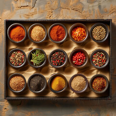 Culinary Colors: Bright Spices Neatly Arranged in a Rack on Sand Background