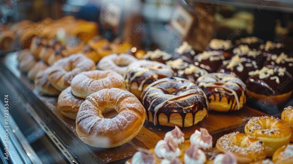 Poster assorted donuts on display in a bakery