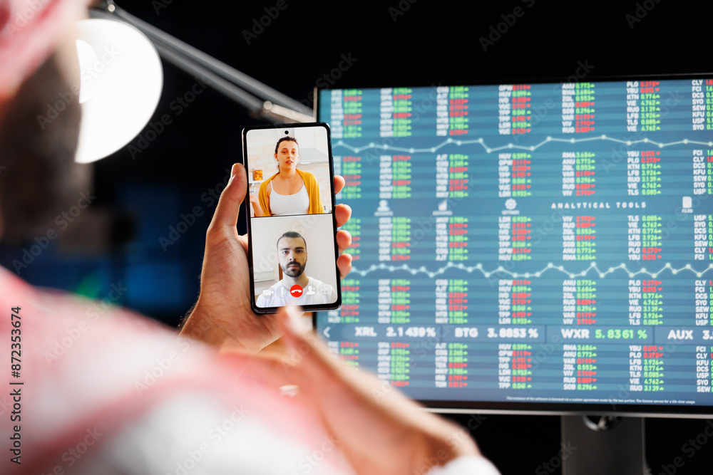 Poster muslim man holding his smartphone and participating in online meeting, symbolizing integration of te