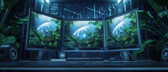 Obraz premium A hightech office setup includes monitors that display realtime