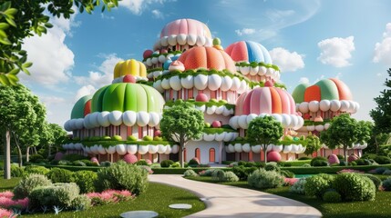 A hightech residential complex features a dessert plaza where the buildings themselves are designed to resemble giant cakes and pastries
