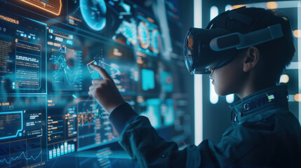 Child interacting with virtual reality interface in a high-tech environment. Immersive VR technology used for educational and coding purposes.