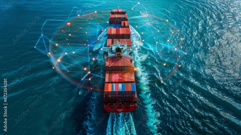 Poster an aerial view of a container ship sailing through a digital network, symbolizing the interconnected