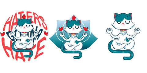design of a blue and white cat meditating with red birds screaming with the phrase 