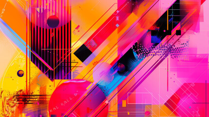 Obraz premium Geometric shapes and digital elements form a vibrant backdrop, perfect for posters, banners, or covers.