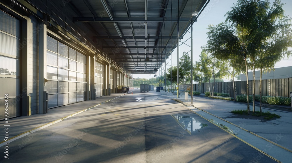 Poster a wide shot of the entrance to an industrial building, with a row of glass doors and trees in the ba