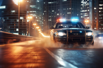 Fototapeta premium An intense scene of a police car speeding through a city street at night with its sirens and lights on, indicating an emergency or high-speed pursuit in an urban area.
