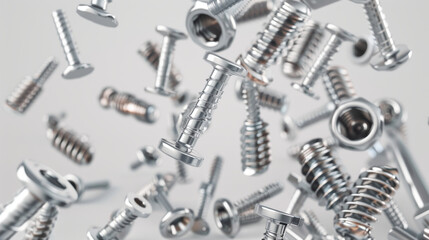Metal screws and bolts flying in the air, with a transparent background. Many silver screws falling. Construction and repair tools. Steel chrome nails, gray instruments.