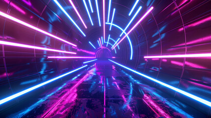 Fototapeta premium Neon lights form a glowing tunnel with blue and purple stripes ascending upwards. The vibrant trails create a futuristic and technological atmosphere.