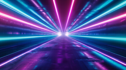 Neon lights form a glowing tunnel with blue and purple stripes ascending upwards. The vibrant trails create a futuristic and technological atmosphere.