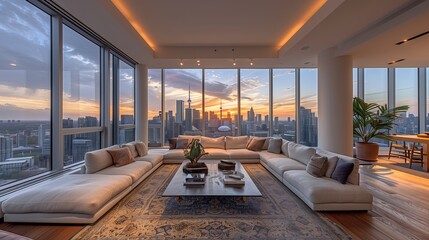 Modern Living Room With City Skyline View at Sunset in Toronto