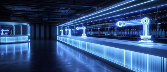 An innovative event space features robotic drink stations where attendees can customize their beverages with the help of ethereal robots