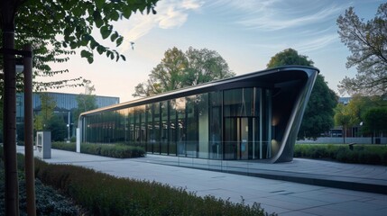 Obraz premium A modern glass building with a curved roof sits in a park setting, surrounded by lush greenery and trees. The building has a sleek, contemporary design with large windows.