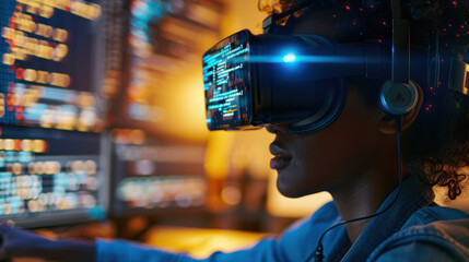 Woman wearing augmented or virtual reality headset. Software engineer coding in ar or vr