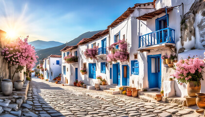 Fototapeta premium weiß blaue Häuser mit rosa Blüten in Bergdorf auf Griechenland griechischer Insel, alte Architektur Fensterläden schönes Gässchen einsam in warmen mediterranen stimmungsvollen Licht des Morgens