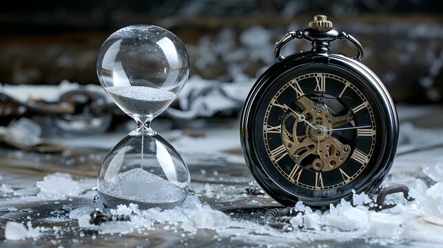 An hourglass with sparkling sand sits beside a pocket watch with a cracked face, highlighting the contrast between precise timekeeping and the inevitable passage of time, generative AI