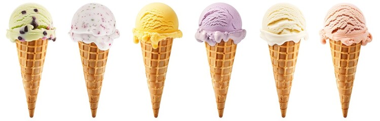 6 different ice cream cones with various flavors isolated on a white background.
