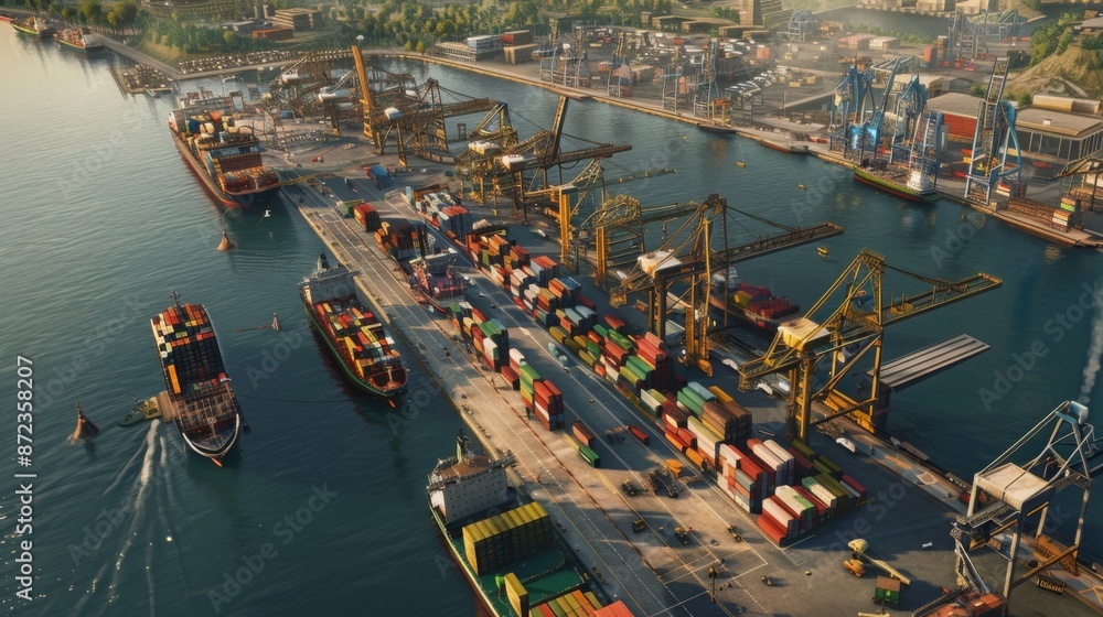 Poster A large container port with many ships and cranes. The sun is setting in the background, casting a golden glow over the scene.