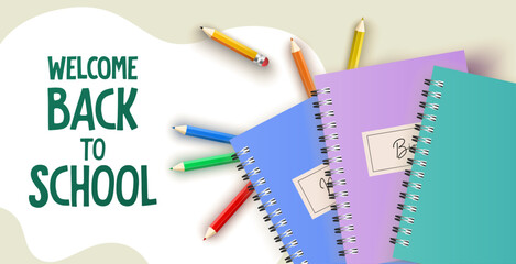 School Back background template with colorful notebooks, crayons, pencil and colorful typographic text. Vector illustration template with flyer, brochure, poster, website, social media, advertising. 