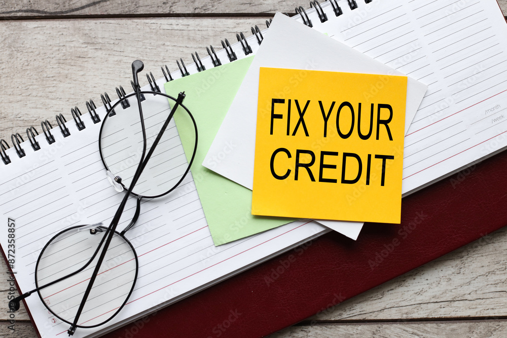 Poster fix your credit text on a yellow nylon on a diary on the table