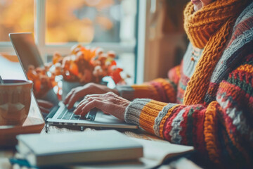 Hands of elderly lady working on laptop sitting at window at home, pensioners leisure concept