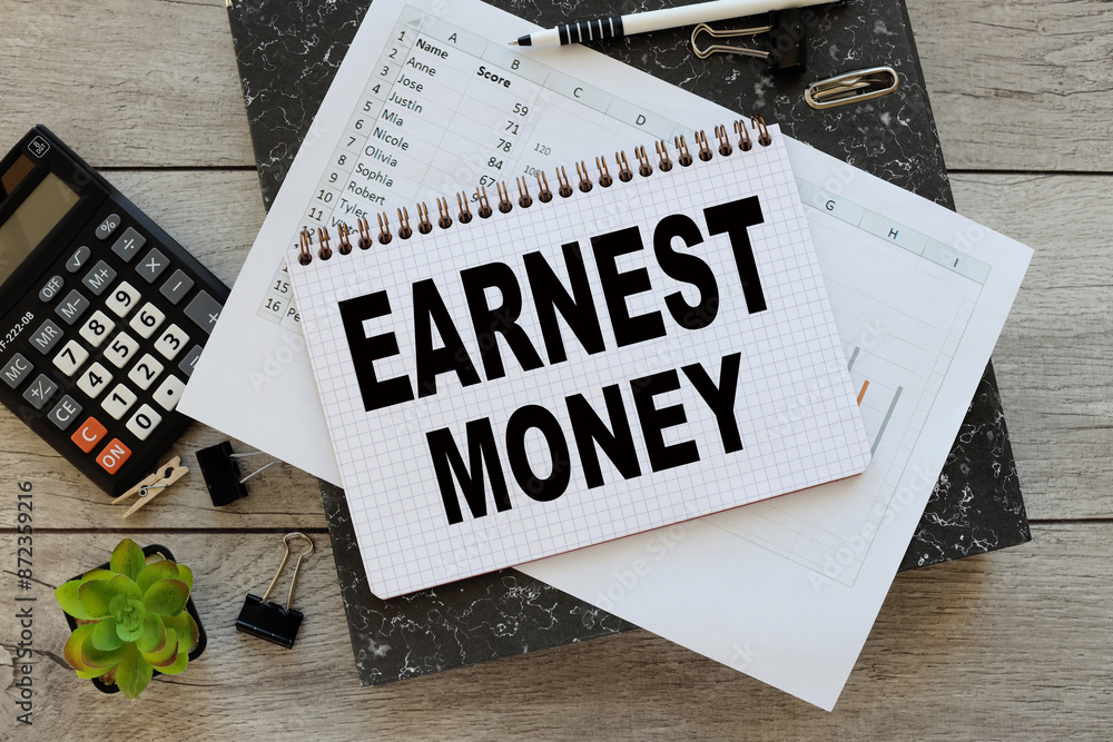 Poster earnest money open notepad with text on financial charts