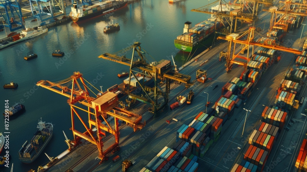 Poster This aerial view captures a bustling, harbor with cranes loading cargo, containers onto ships amidst a backdrop of trucks and colorful containers moving in and out.