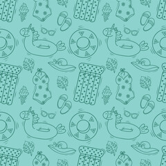 Seamless pattern with beach accessories. swimsuit, hat, inflatable circle, flip-flops, ice cream. Contoured beach icons on a blue background. Vector template for your summer beach design