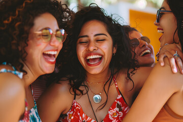 Obraz premium A group of friends celebrating International Friendship Day with laughter and hugs, captured in a candid moment 